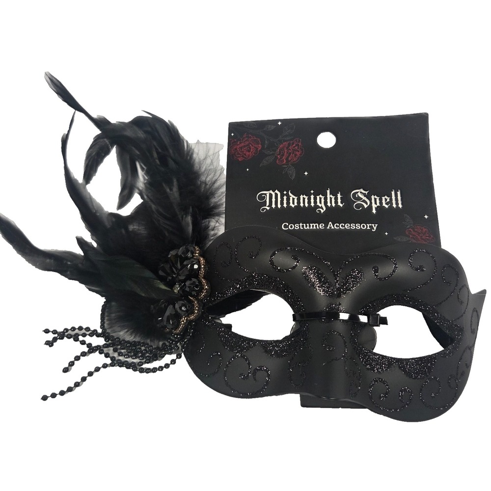 Midnight Spell Masquerade Mask Adult OS Black New Feather Glitter Gothic Costume